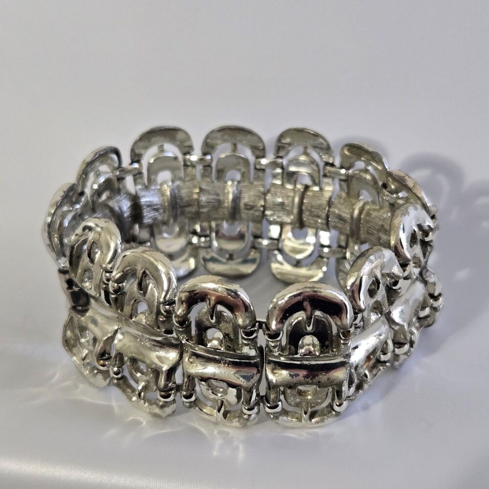Vintage Lisner Silver Tone Panel Link Statement Bracelet Chunky Geometric 7.25"